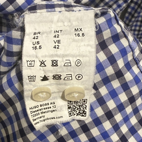 Boss Hugo Mens Shirt 42 16.5 Button Down Regular Fit White Blue Checkered Plaid - Picture 6 of 7
